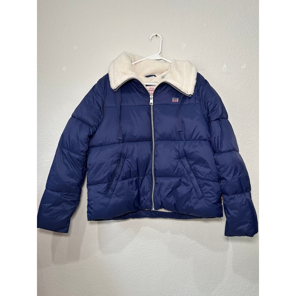 Levis Womens Navy Blue Sherpa Lined Puffer Jacket Full Zip Quilted Coat XL